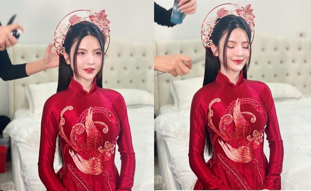 Vợ Quang Hải diện áo dài thêu chỉ vàng, đội mấn đặc biệt trong lễ ăn hỏi